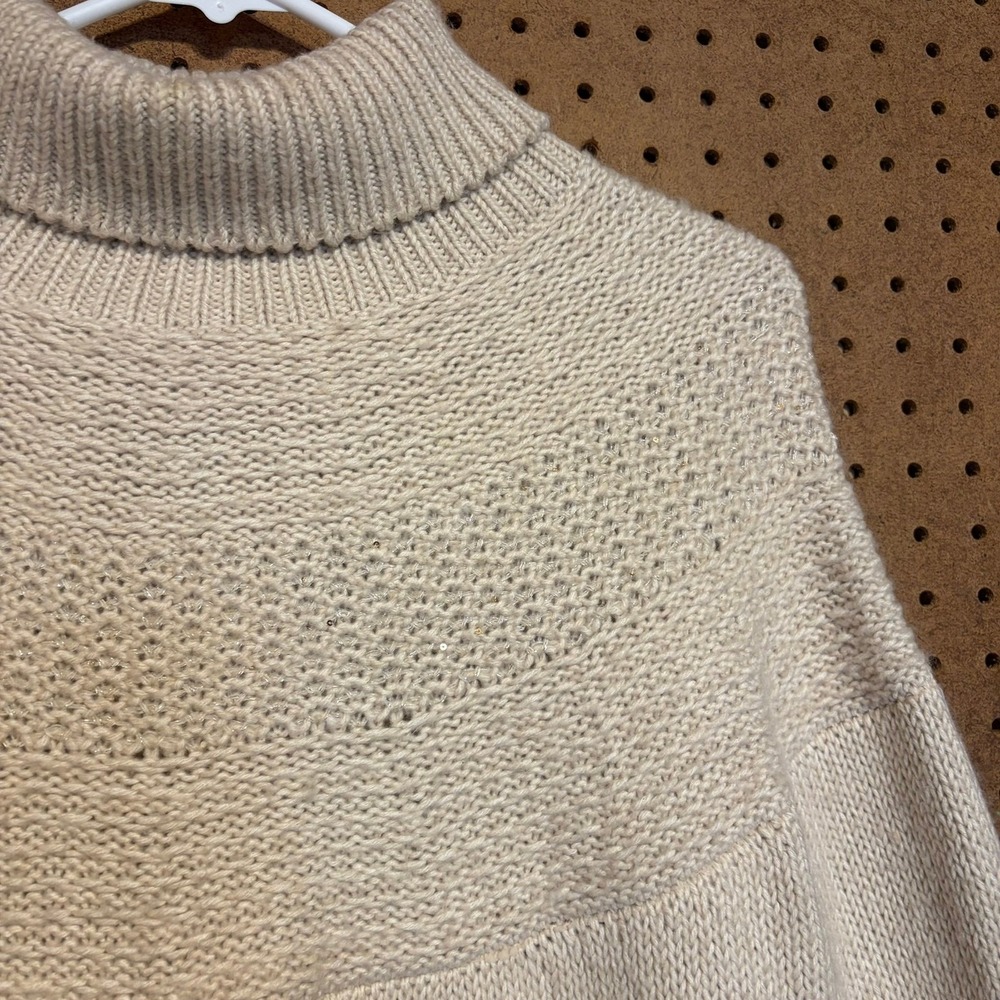 J. Jill Turtleneck Sweater XL Cream Sequin Yoke Chunky Knit Metallic Pullover - Picture 2 of 5